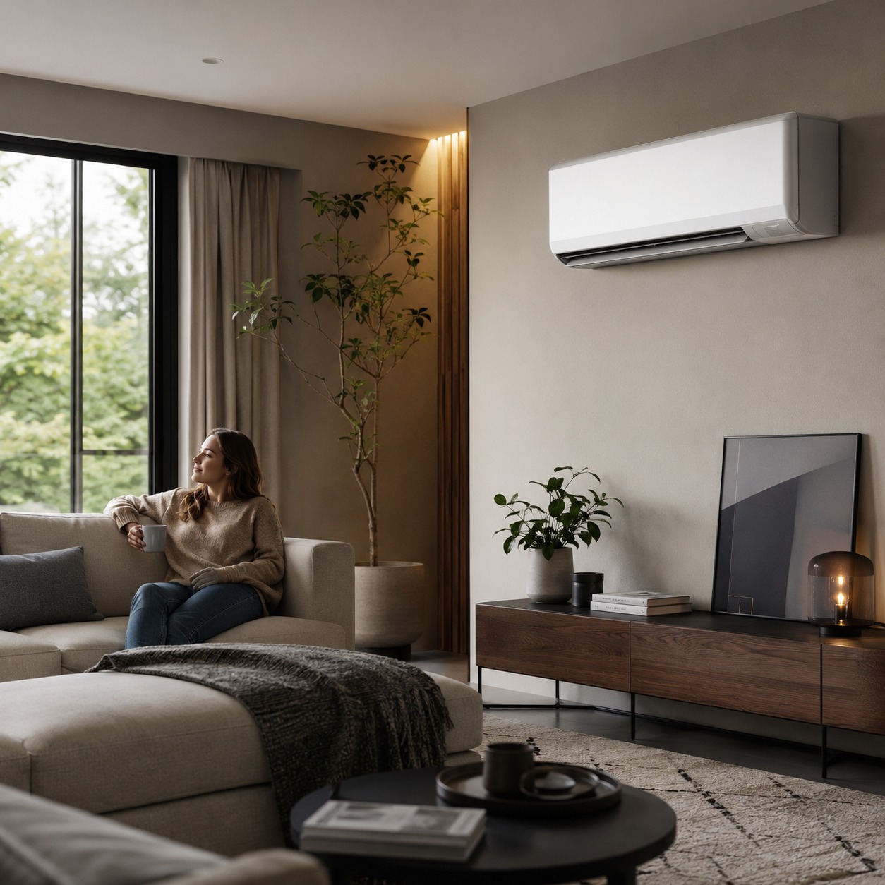Aire acondicionado inverter manteniendo una temperatura estable en un salón
