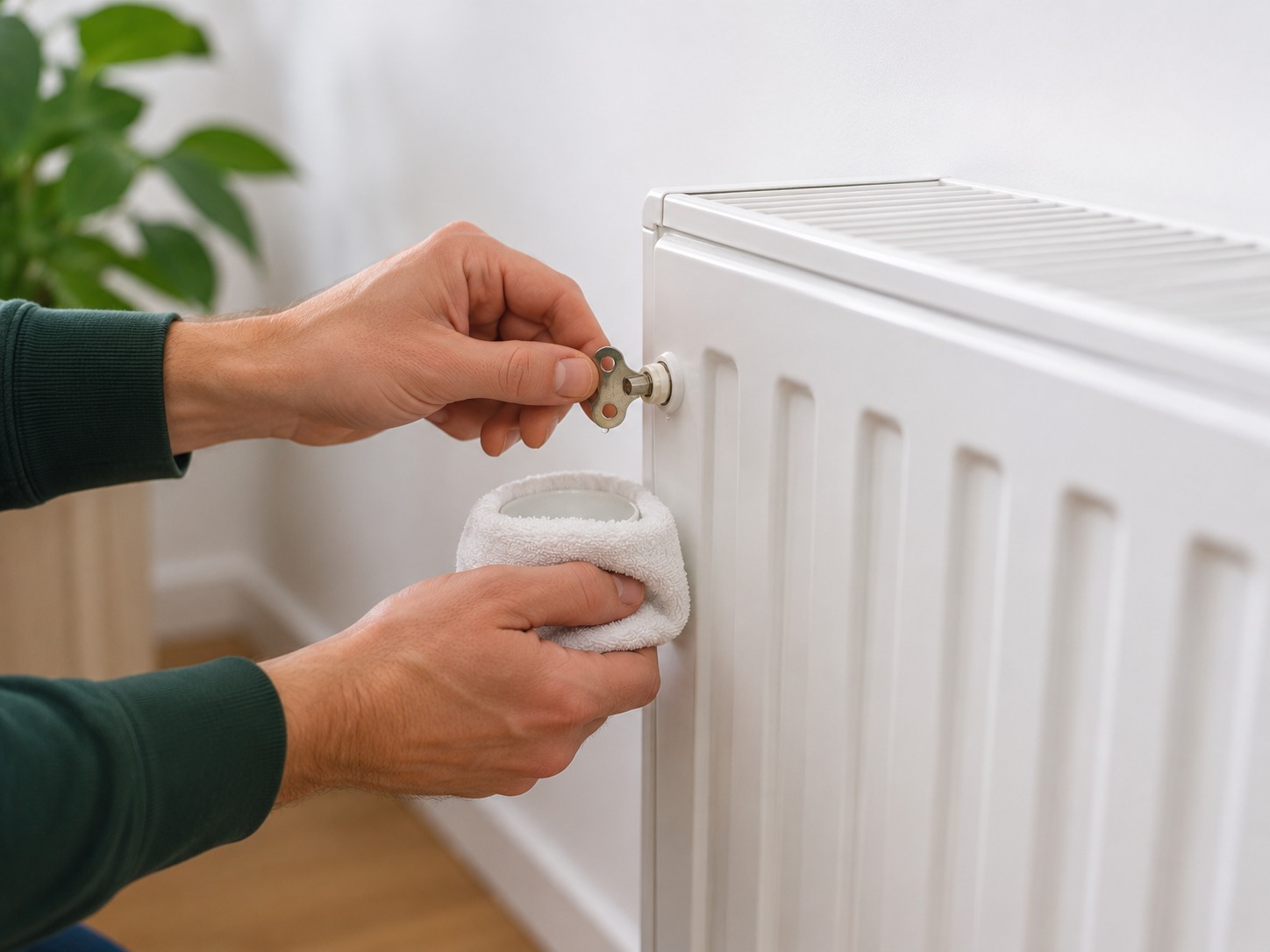 Persona purgando correctamente un radiador doméstico con una llave