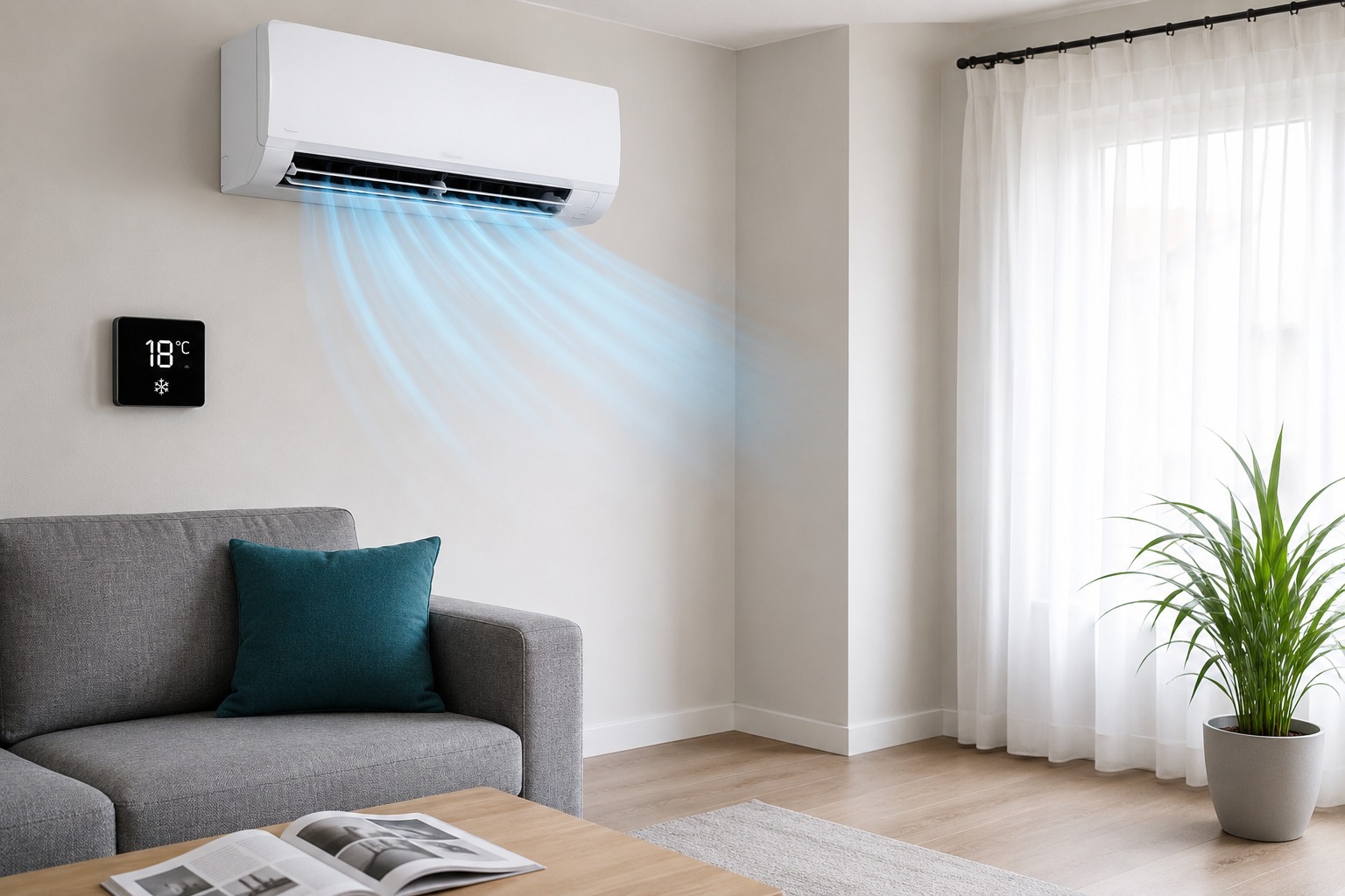 Aire acondicionado demasiado potente funcionando a 18 grados en un salón moderno