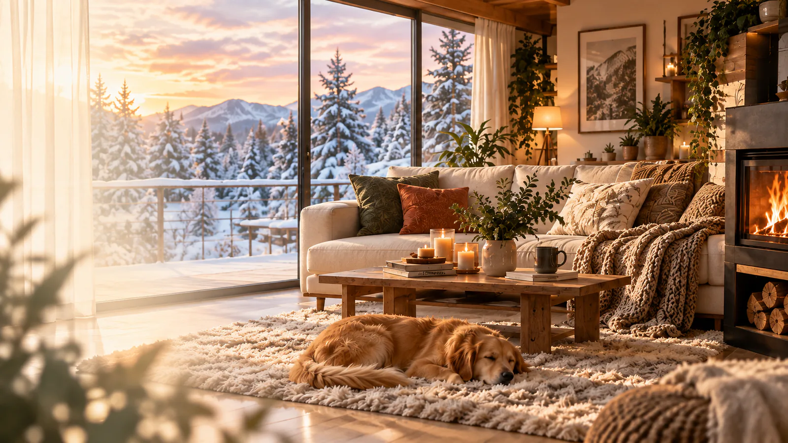 Salón cálido en invierno con calefacción y paisaje nevado