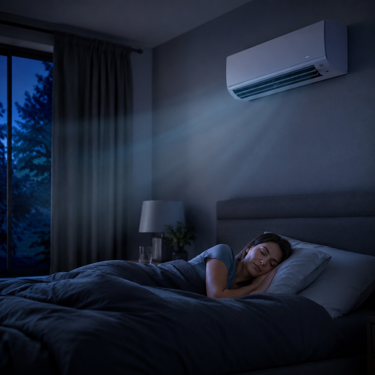 Dormitorio tranquilo con el aire acondicionado funcionando en modo Sleep