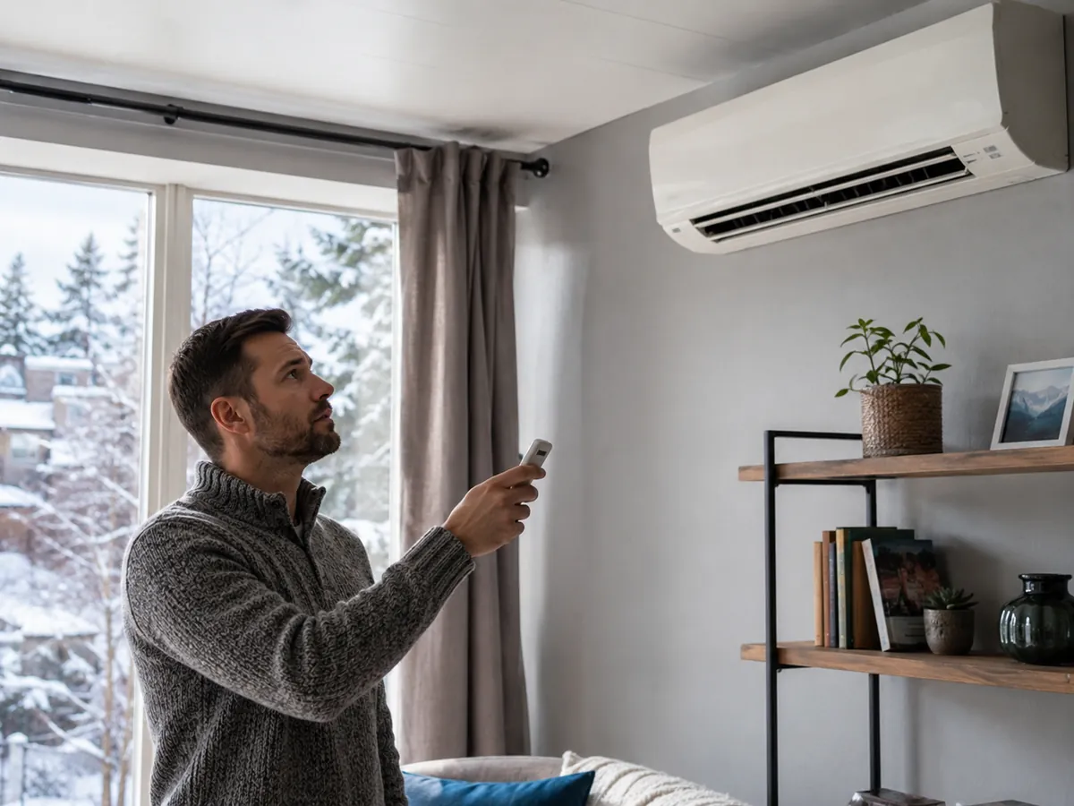 Unidad de aire acondicionado funcionando como bomba de calor durante el invierno
