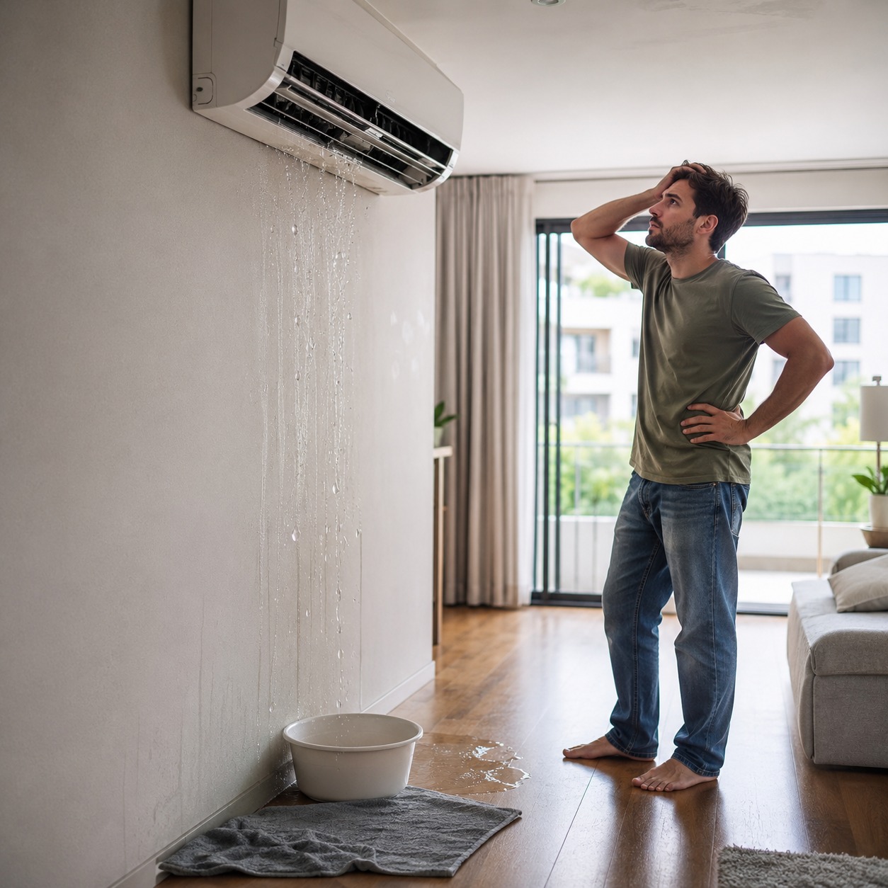 Persona observando un aire acondicionado que gotea agua dentro de una vivienda