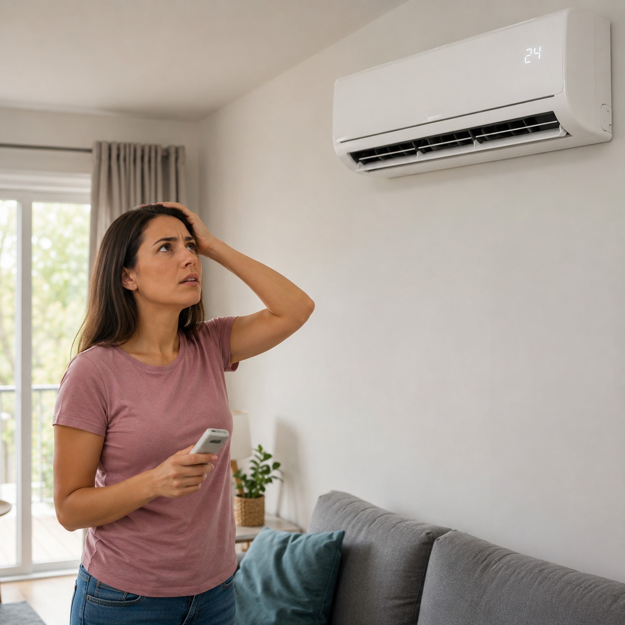 Mujer preocupada mirando un aire acondicionado que no enfría