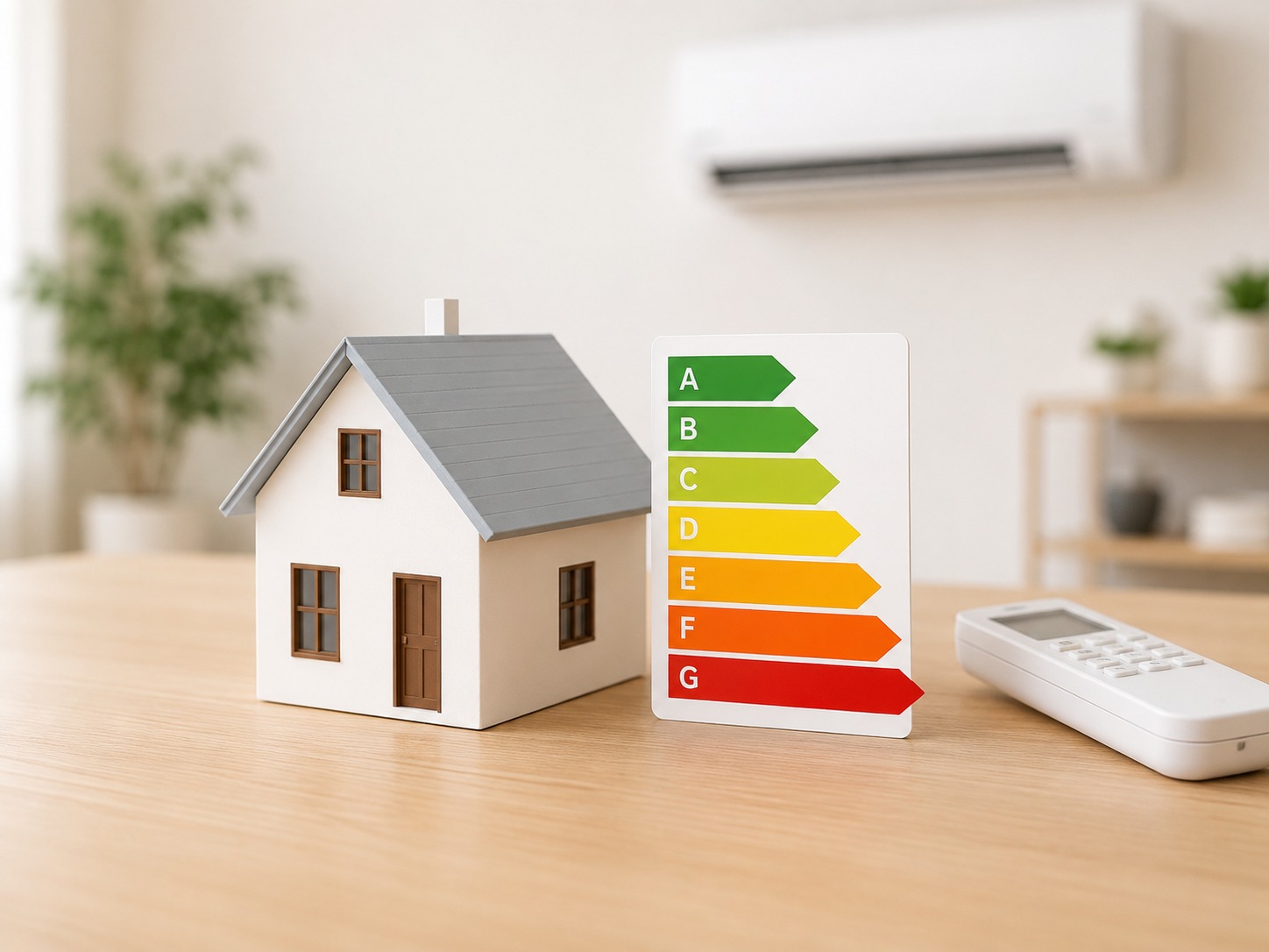 Vivienda junto a una etiqueta de eficiencia energética y un mando de aire acondicionado